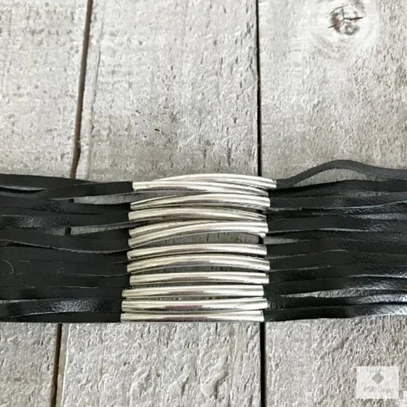 BLACK LEATHER & SILVER BAR WIDE CUFF BRACELET - Picture 2 of 5